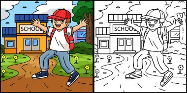 Bu boyama sayfası, okulun ilk gününün okula gidişini gösteriyor. Bu illüstrasyonun bir tarafı renkli ve çocuklar için bir ilham kaynağı..