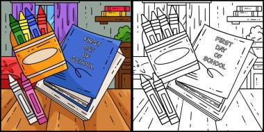 Bu boyama sayfasında okulun ilk günü pastel boyaları ve defterleri var. Bu illüstrasyonun bir tarafı renkli ve çocuklar için bir ilham kaynağı..