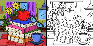 Bu boyama sayfası Okul Ders kitaplarının ve Apple 'ın ilk gününü gösteriyor. Bu illüstrasyonun bir tarafı renkli ve çocuklar için bir ilham kaynağı..