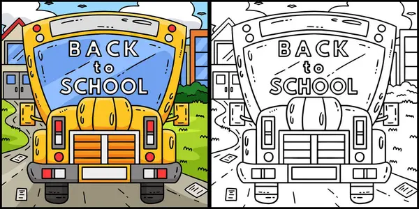 stock vector This coloring page shows a First Day of School Back to School Bus. One side of this illustration is colored and serves as an inspiration for children.