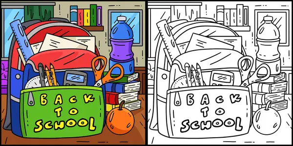 stock vector This coloring page shows a First Day of School Back to School Bag. One side of this illustration is colored and serves as an inspiration for children.