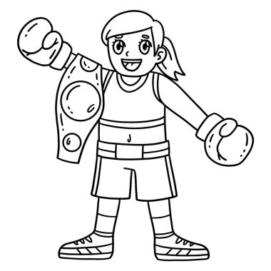 A cute and funny coloring page of a Boxing Female Boxer Raising Arm in Victory. Provides hours of coloring fun for children. To color, this page is very easy. Suitable for little kids and toddlers. clipart