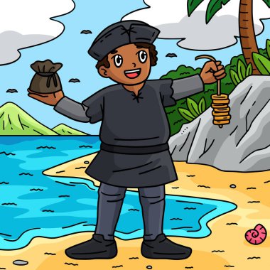 This cartoon clipart shows an illustration of the Columbus Day Explorer String of Coins. clipart