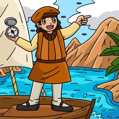 Bu karikatür klipinde pusula resimli bir Kolomb Günü Kaşifi gösteriliyor.