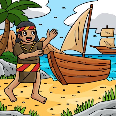 Bu karikatür klip Kolomb Günü Yerli Adam ve Tekne 'nin bir çizimini gösteriyor..