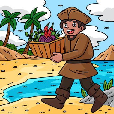 This cartoon clipart shows a Columbus Day Explorer with an illustration of a Box of Spices. clipart