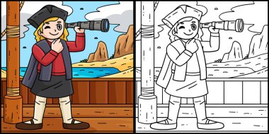 Bu boyama sayfası Kolomb Günü Adamı 'nın teleskopla baktığını gösteriyor. Bu illüstrasyonun bir tarafı renkli ve çocuklar için bir ilham kaynağı.. 