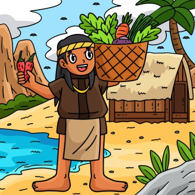 This cartoon clipart shows an illustration of the Columbus Day Native Man Basket Harvest. clipart