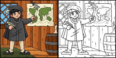 Bu renklendirme sayfası Columbus Day Man Haritasını gösteriyor. Bu illüstrasyonun bir tarafı renkli ve çocuklar için bir ilham kaynağı.. 