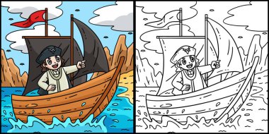 Bu renkli sayfa gemideki bir Kolomb Günü Adamı 'nı gösteriyor. Bu illüstrasyonun bir tarafı renkli ve çocuklar için bir ilham kaynağı.. 