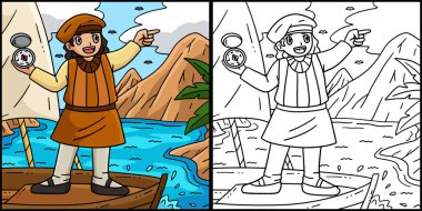 Bu renklendirme sayfası pusula ile birlikte bir Kolomb Günü kaşifini gösterir. Bu illüstrasyonun bir tarafı renkli ve çocuklar için bir ilham kaynağı.. 