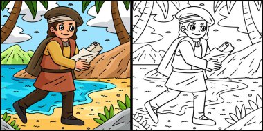 Bu renklendirme sayfası Columbus Day Man 'in Harita Okuma Gününü gösteriyor. Bu illüstrasyonun bir tarafı renkli ve çocuklar için bir ilham kaynağı.. 