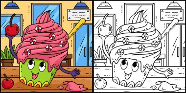 Bu boyama sayfası kirazlı dondurmayı gösteriyor. Bu illüstrasyonun bir tarafı renkli ve çocuklar için bir ilham kaynağı..