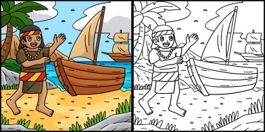 Bu renkli sayfa Kolomb Günü Yerli Adam ve Tekne 'yi gösteriyor. Bu illüstrasyonun bir tarafı renkli ve çocuklar için bir ilham kaynağı.. 