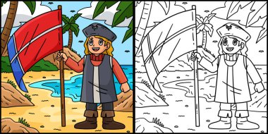 This coloring page shows a Columbus Day Man with a Flag. One side of this illustration is colored and serves as an inspiration for children.  clipart