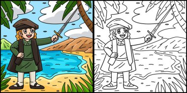 Bu renklendirme sayfasında kılıçlı bir Kolomb Günü Adamı var. Bu illüstrasyonun bir tarafı renkli ve çocuklar için bir ilham kaynağı.. 