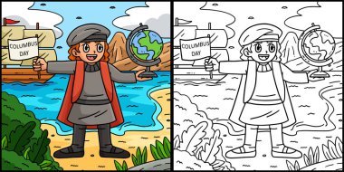 Bu boyama sayfasında Kolomb Günü Adamı var. Bu illüstrasyonun bir tarafı renkli ve çocuklar için bir ilham kaynağı.. 