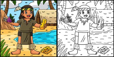 Bu renklendirme sayfası Columbus Günü Yerli Adam Baharatları ve Altını gösteriyor. Bu illüstrasyonun bir tarafı renkli ve çocuklar için bir ilham kaynağı.. 