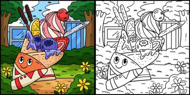 Bu boyama sayfası bir dondurmalı krep gösteriyor. Bu illüstrasyonun bir tarafı renkli ve çocuklar için bir ilham kaynağı..