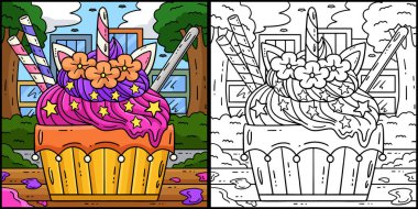 Bu boyama sayfasında tek boynuzlu bir dondurma var. Bu illüstrasyonun bir tarafı renkli ve çocuklar için bir ilham kaynağı..