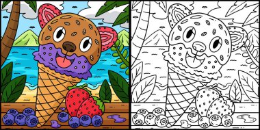 Bu renkli sayfa çilekli bir dondurma ayısını gösteriyor. Bu illüstrasyonun bir tarafı renkli ve çocuklar için bir ilham kaynağı..