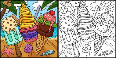 Bu boyama sayfasında bir dondurma kepçesi ve buzlu şeker var. Bu illüstrasyonun bir tarafı renkli ve çocuklar için bir ilham kaynağı..
