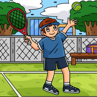 Bu karikatür, bir Tenis Oyuncusunun Top Fırlatma illüstrasyonunu gösteriyor.