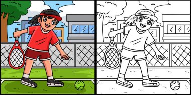 Bu renklendirme sayfası Topları Toplayan Tenis Kadın Oyuncusunu gösteriyor. Bu illüstrasyonun bir tarafı renkli ve çocuklar için bir ilham kaynağı.. 