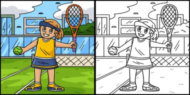 Bu boyama sayfasında raketi ve topu olan bir tenisçi kız var. Bu illüstrasyonun bir tarafı renkli ve çocuklar için bir ilham kaynağı.. 