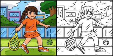 Bu boyama sayfası, top süren bir bayan tenisçiyi gösteriyor. Bu illüstrasyonun bir tarafı renkli ve çocuklar için bir ilham kaynağı.. 