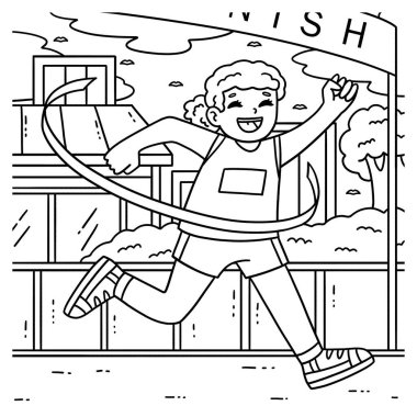 Bitiş çizgisine ulaşan bir bayan sporcunun sevimli ve komik renkli sayfası. Çocuklar için saatlerce boyama eğlencesi sağlıyor. Renklendirmek için, bu sayfa çok kolaydır. Küçük çocuklar ve yeni yürümeye başlayanlar için uygun.. 