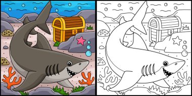 Bu renkli sayfa bir limon köpekbalığını gösteriyor. Bu illüstrasyonun bir tarafı renkli ve çocuklar için bir ilham kaynağı..