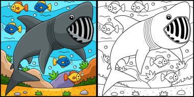 Bu renklendirme sayfası Basking Shark 'ı gösteriyor. Bu illüstrasyonun bir tarafı renkli ve çocuklar için bir ilham kaynağı..