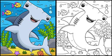 Bu boyama sayfasında çekiç başlı köpekbalığı var. Bu illüstrasyonun bir tarafı renkli ve çocuklar için bir ilham kaynağı..
