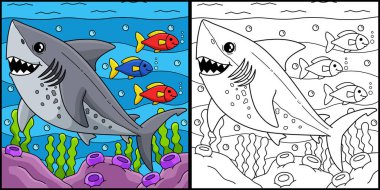 Bu renkli sayfa bir somon köpekbalığını gösteriyor. Bu illüstrasyonun bir tarafı renkli ve çocuklar için bir ilham kaynağı..