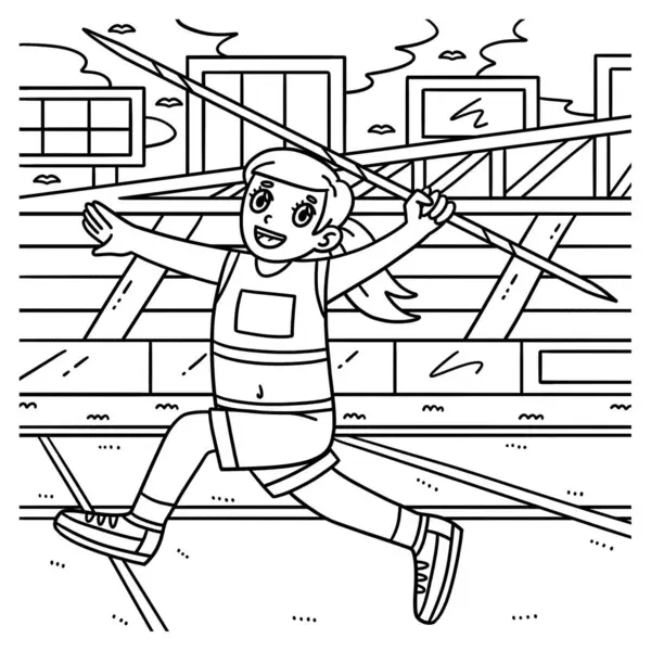 stock vector A cute and funny coloring page of a Track and Field Female Athlete with Javelin. Provides hours of coloring fun for children. To color, this page is very easy. Suitable for little kids and toddlers. 