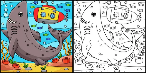 stock vector This coloring page shows a Greenland Shark. One side of this illustration is colored and serves as an inspiration for children.