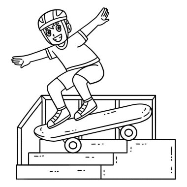 Merdivenlerden atlayan kaykaylı bir çocuğun sevimli ve komik renkli sayfası. Çocuklar için saatlerce boyama eğlencesi sağlıyor. Renklendirmek için, bu sayfa çok kolaydır. Küçük çocuklar ve yeni yürümeye başlayanlar için uygun..