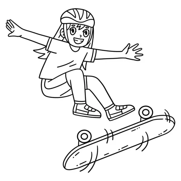 stock vector A cute and funny coloring page of a Skateboard Girl Doing a Flip Trick. Provides hours of coloring fun for children. To color, this page is very easy. Suitable for little kids and toddlers.