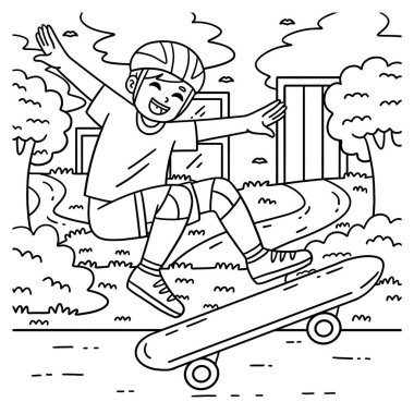 Ollie taklidi yapan kaykaycı çocuğun sevimli ve komik renkli sayfası. Çocuklar için saatlerce boyama eğlencesi sağlıyor. Renklendirmek için, bu sayfa çok kolaydır. Küçük çocuklar ve yeni yürümeye başlayanlar için uygun.. 