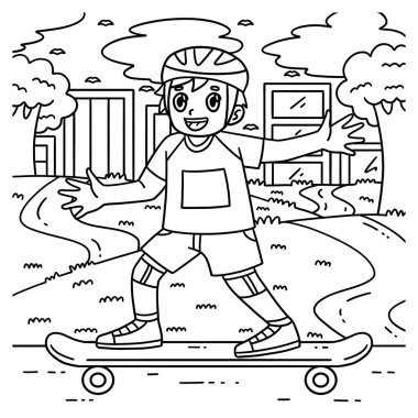 Kaykay yapan bir çocuğun sevimli ve komik renkli bir sayfası. Çocuklar için saatlerce boyama eğlencesi sağlıyor. Renklendirmek için, bu sayfa çok kolaydır. Küçük çocuklar ve yeni yürümeye başlayanlar için uygun.. 