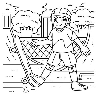 Ayağıyla yukarıya doğru iten kaykaycı çocuğun sevimli ve komik renkli bir sayfası. Çocuklar için saatlerce boyama eğlencesi sağlıyor. Renklendirmek için, bu sayfa çok kolaydır. Küçük çocuklar ve yeni yürümeye başlayanlar için uygun.. 