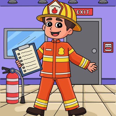 Bu karikatür, yangın güvenliği çizelgesi olan bir itfaiyeciyi gösteriyor..