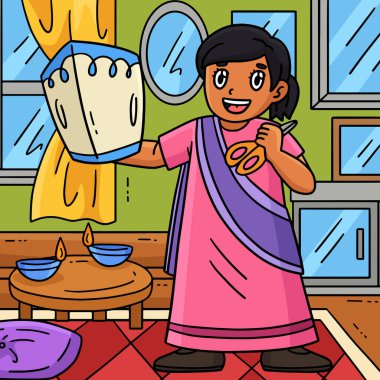 Bu karikatür parçası Diwali Child ve Sky Lantern çizimlerini gösteriyor..