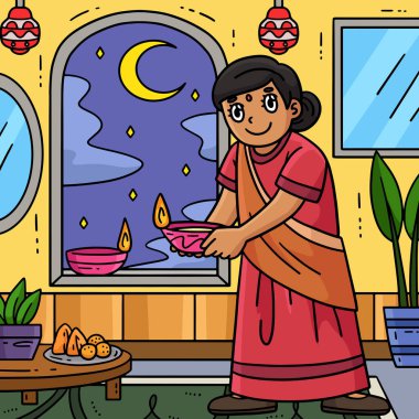 Bu karikatür klibinde Diwali 'li bir annenin elinde bir mum resmi var..