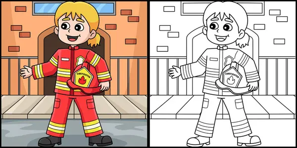 stock vector This coloring page shows a Female Firefighter. One side of this illustration is colored and serves as an inspiration for children.d Illustration. Vector illustration