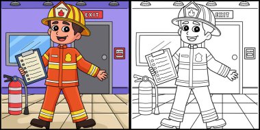 Bu renklendirme sayfasında İtfaiye Kontrol Listesi olan bir itfaiyeci var. Bu illüstrasyonun bir tarafı renkli ve çocuklara ilham kaynağı olarak hizmet veriyor. Vektör illüstrasyonu