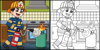 Bu boyama sayfasında bir itfaiyecinin yangın söndürücü tuttuğunu gösteriyor. Bu illüstrasyonun bir tarafı renkli ve çocuklara ilham kaynağı olarak hizmet veriyor. Vektör illüstrasyonu