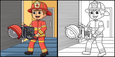 Bu renklendirme sayfasında bir itfaiyecinin bir kurtarma testeresi tuttuğunu gösteriyor. Bu illüstrasyonun bir tarafı renkli ve çocuklara ilham kaynağı olarak hizmet veriyor. Vektör illüstrasyonu