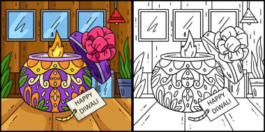 Bu boyama sayfası Diwali Candle Present 'i gösteriyor. Bu illüstrasyonun bir tarafı renkli ve çocuklar için bir ilham kaynağı..